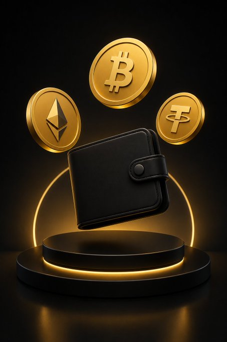 A sleek black wallet hovers above a glowing black pedestal, surrounded by three gold crypto coins featuring the Bitcoin (B), Ethereum (◇), and Tether (₮) symbols, visually representing the concept of storing and growing idle digital assets through crypto earning products. The coins orbiting the wallet symbolize how holding cryptocurrencies can generate passive rewards while maintaining ownership.
