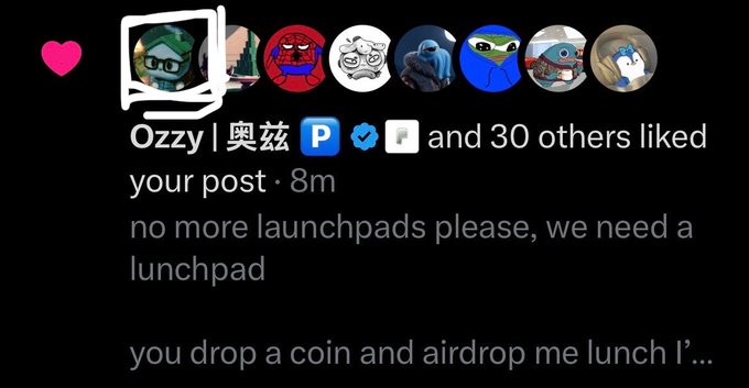An Instagram notification shows that user "Ozzy | 奧兹" and 30 others liked the post, which reads "no more launchpads please, we need a lunchpad" followed by "you drop a coin and airdrop me lunch I'…". The playful wordplay on "launchpad" directly ties to the accompanying "LUNCHPAD COMING" announcement, humorously building hype for a food-themed crypto airdrop or meme event.