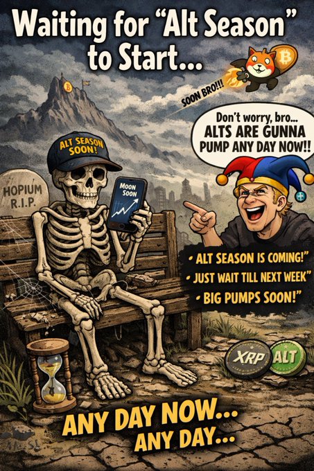 A cartoon skeleton wearing an "Alt Season Soon!" hat sits on a bench next to a "HOPIUM R.I.P." gravestone, holding a phone showing "MOON SOON," while a jester in the corner promises "Alt Season is Coming! Just Wait Till Next Week! Big Pumps Soon!!" — satirizing crypto investors waiting endlessly for altcoins like XRP and ALT to pump, humorously captioned "Gm!"
