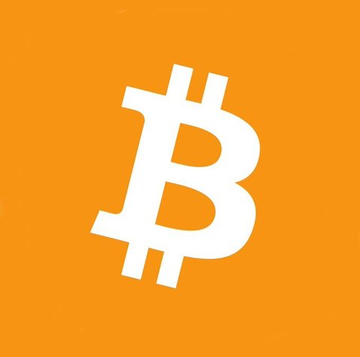 The Bitcoin logo (white ₿ symbol) on a solid orange background.
