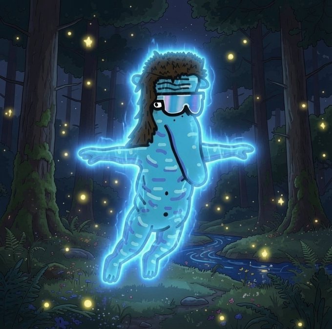 Illustration of a glowing blue spectral figure wearing a fur hat and neon visor standing in a dark enchanted forest with floating yellow lights and a stream.