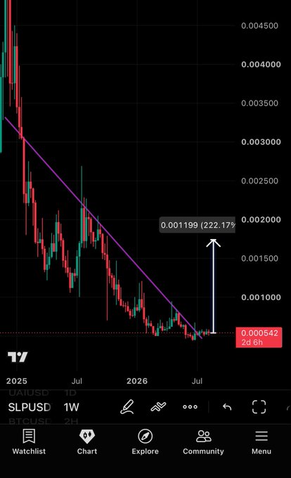 A weekly TradingView chart of SLPUSD shows a long-term downtrend line with the price currently at $0.000542, indicating a potential 222.17% upside to $0.001199, supporting the post's bullish thesis of heavy accumulation and an imminent pump.