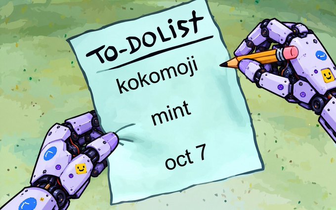 Illustration of two purple robot hands holding a pencil and a 'TO-DO LIST' paper with three items: 'kokomoji', 'mint', and 'oct 7'.
