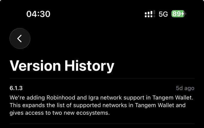 A screenshot of a 'Version History' page showing version 6.1.3 from 5 days ago, with text explaining the addition of Robinhood and Igra network support in Tangem Wallet.