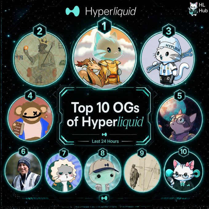 A promotional graphic titled 'Top 10 OGs of Hyperliquid - Last 24 Hours' featuring the Hyperliquid logo and ten numbered cartoon character avatars in circular frames.