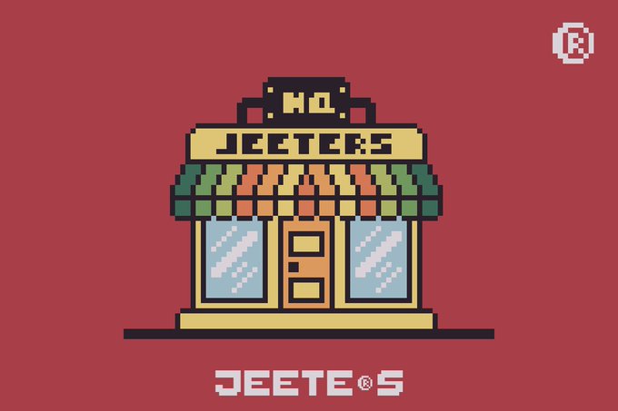 A pixel art illustration on a red background depicts a storefront with a striped awning, labeled "JEETERS" on both the sign and below the building.