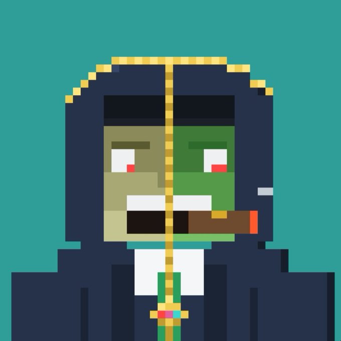 A pixel art illustration of a grim reaper figure with a split-toned face (green and beige), wearing a dark hood and smoking a cigar.