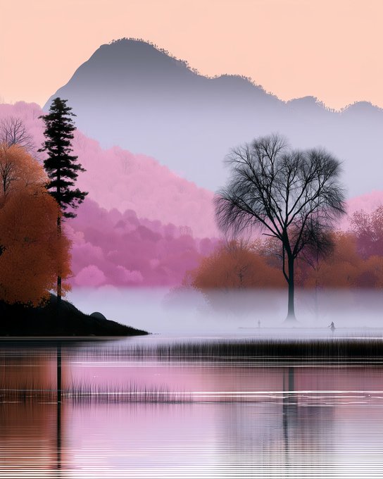 A serene, misty landscape with pink and purple hues features a calm lake reflecting trees and distant mountains under a soft pastel sky.