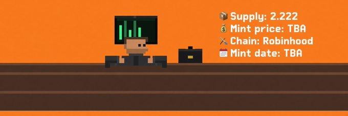 A pixel-art character sits at a trading desk with a briefcase beside a candlestick chart, against an orange background displaying "Supply: 2.222," "Mint price: TBA," "Chain: Robinhood," and "Mint date: TBA," illustrating the Brokers Desk NFT project's themed on-chain identity for the Robinhood tokenized market.