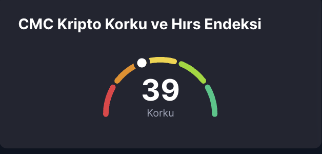 A gauge displaying the "CMC Kripto Korku ve Hırs Endeksi" (CMC Crypto Fear and Greed Index) shows a reading of 39 in the "Korku" (Fear) zone, visually confirming the post's claim about fear dominating the crypto market.