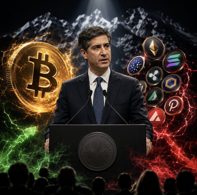 A man in a suit speaks at a podium against a backdrop of snowy mountains, flanked by a glowing Bitcoin coin and various cryptocurrency logos (ETH, SOL, XRP, ADA, POL, AVAX). The image visually represents the post's message about Fed Chair Kevin Warsh's anticipated Jackson Hole speech at 10 a.m. ET, which could trigger major volatility for Bitcoin and altcoins depending on whether his tone is dovish or hawkish.