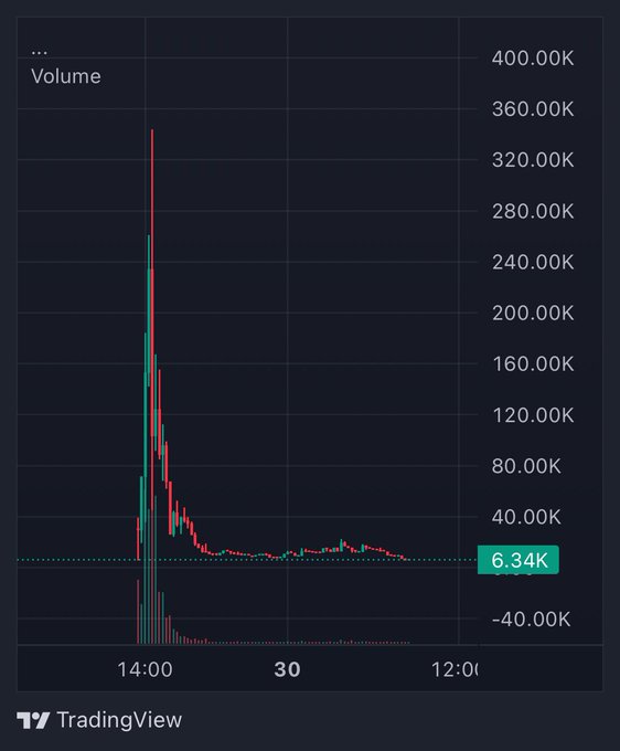 A TradingView volume chart showing a massive spike near 14:00 reaching approximately 360K, before quickly settling to an average volume of 6.34K—likely depicting the volatile price action of the meme coins "Chiikawa" and "Ok Cat" that the poster mentioned trading during the market rotation.