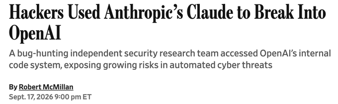 A headline from a Robert McMillan article dated September 17, 2026, titled "Hackers Used Anthropic's Claude to Break Into OpenAI," detailing how an independent security research team exploited OpenAI's internal code system using Claude—aligning with the post's revelation that the hack cost less than $3,000 in tokens while netting a $6,500 bug bounty.