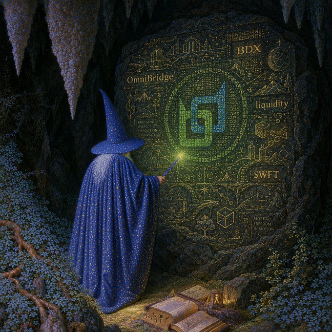 A digital illustration of a wizard in a blue starry robe casting a spell on a glowing green cave wall covered in cryptic symbols and text including 'OmniBridge', 'BDX', 'liquidity', 'SWFT', and 'MORFI FREEDOM IN MOTION'.