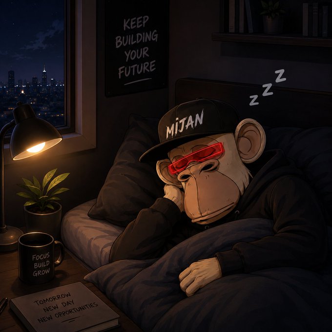 A digital illustration of a cartoon monkey wearing a 'MIJAN' cap and red sunglasses sleeping in bed at night, with 'KEEP BUILDING YOUR FUTURE' text on the wall, 'Focus Build Grow' on a coffee mug, and 'Tomorrow New Day New Opportunities' on a notebook.
