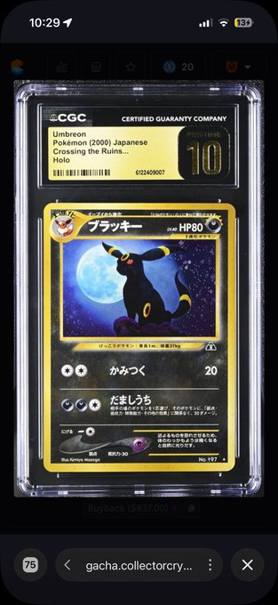 A graded Pokémon card from the Japanese "Crossing the Ruins..." set is shown in a CGC (Certified Guaranty Company) slab, featuring Umbreon (プラッキー) with a perfect Pristine 10 grade, 134 grading total, and Buyback value of $6,832.00, as shared by user @gacha.collectorcry to showcase a rare card pull.