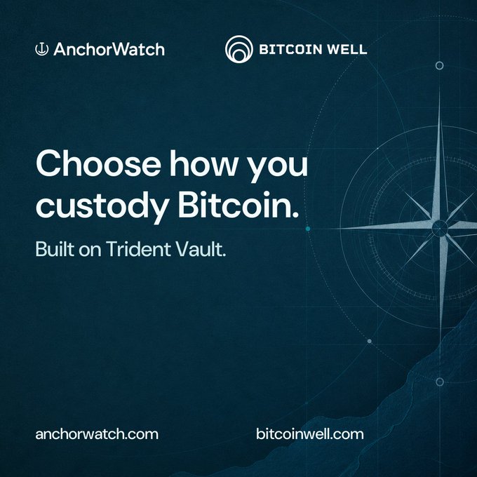 An advertisement for Bitcoin Well and AnchorWatch reading 'Choose how you custody Bitcoin. Built on Trident Vault.' with logos for both companies and the URLs anchorwatch.com and bitcoinwell.com.