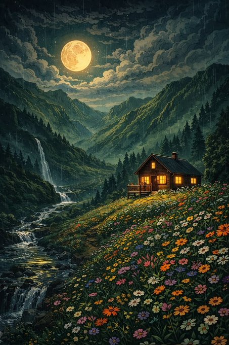 A cozy cabin glows warmly against a moonlit mountain landscape, with a waterfall and wildflowers framing the peaceful nighttime scene. The image perfectly complements the message about recharging during sleep—evoking the tranquility and serenity needed to wake up "with a full battery and a clear mind."