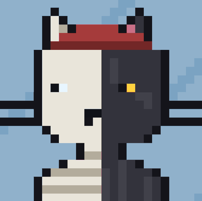 A pixel art image of a two-toned character, half white and half black, with animal-like ears and a red band across the top.