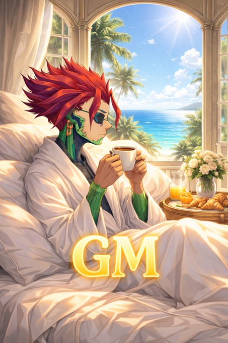 The image features a man sitting in bed drinking coffee while wearing a robe. The background of the image shows an ocean view through a window. There are also breakfast items, such as oranges and pastries, displayed near the man's bed. The post is titled "Good Morning legend @RiverdotInc" with a link to a website called River4fun that has a post about World Cup voting challenges and staking rewards.

The image seems to be related to the post because it features an illustration of the man in a robe, which could be part of the Legend series on the River4fun website. The presence of breakfast items near the bed also suggests that the post might be promoting a cooking challenge or competition involving breakfast dishes.