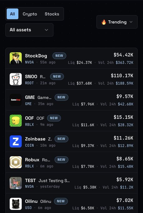 A screenshot of the Launch platform on O1 exchange displays trending memecoin listings, including StockDog at $54.42K, SNOO (RDDT) at $110.17K, and GME (GameStop) at $9.57K. The post highlights the ability to pair stocks on the platform, promoting Snoo ($RDDT) and StockDog ($NVDA) as featured new tokens.