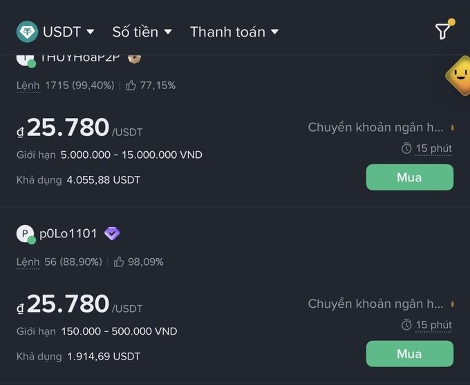 A Vietnamese P2P crypto exchange interface showing USDT sellers with prices at 25,780 VND/USDT, displaying user ratings and transaction limits.