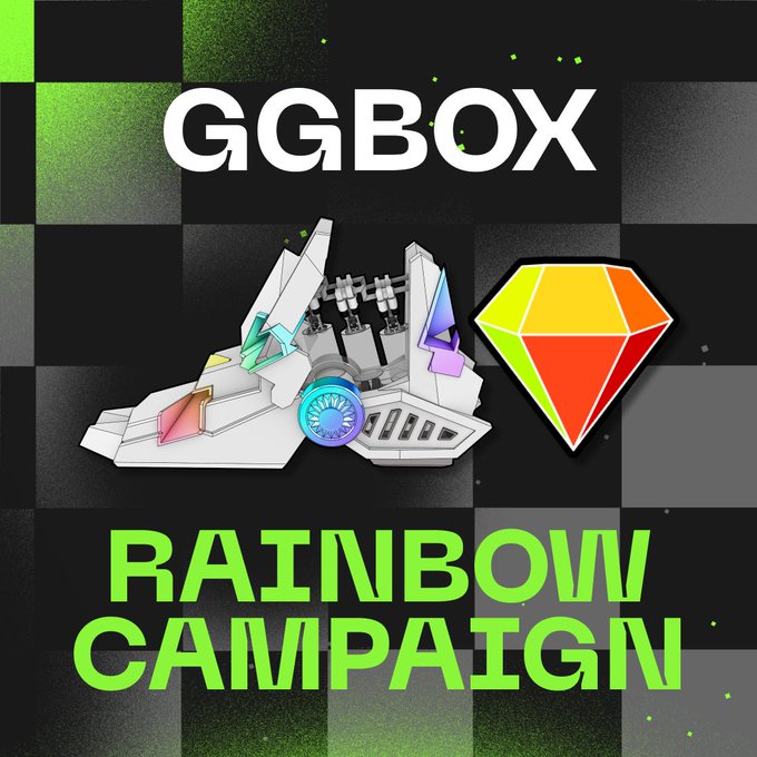 A promotional graphic for 'GGBOX' advertises a 'RAINBOW CAMPAIGN' featuring a white futuristic sneaker alongside a colorful gem icon.
