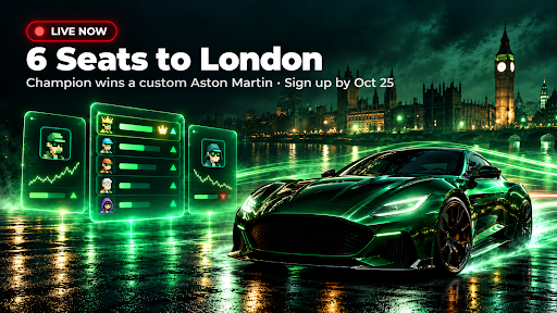 The image promotes the "GMGN Global Championship" with bold text reading "6 Seats to London" and noting "Champion wins a custom Aston Martin - Sign up by Oct 25," featuring a green Aston Martin Vantage set against the London skyline with Big Ben, alongside glowing leaderboard displays and a "LIVE NOW" badge. This visually conveys the high-stakes crypto trading competition highlighted in the post, where six traders will compete at the London Grand Final during Solana Breakpoint for a custom Aston Martin.