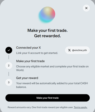 A promotional pop-up titled 'Make your first trade. Get rewarded.' outlines three steps for users connected via X (handle @xinxinzc.eth), with a black 'Make your first trade' call-to-action button.