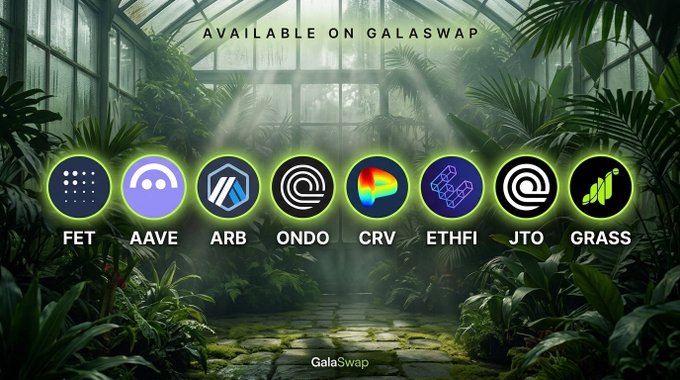 A promotional graphic for GalaSwap displays eight cryptocurrency token logos—FET, AAVE, ARB, ONDO, CRV, ETHFI, JTO, and GRASS—set against a lush, sunlit greenhouse backdrop with the text "AVAILABLE ON GALASWAP" above and "GalaSwap" below, announcing the platform's expanded token selection.