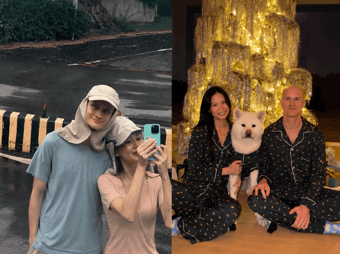 A side-by-side comparison showing a young couple on the left in casual clothes taking a selfie, and on the right a couple in matching pajamas sitting with a white dog in front of a lit Christmas tree.