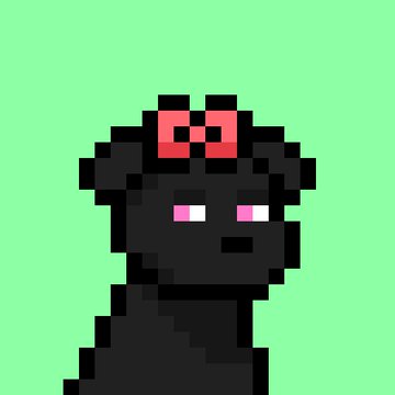 Pixel art style illustration of a dark-skinned character with a red bow on their head and pink/purple eyes against a green background.