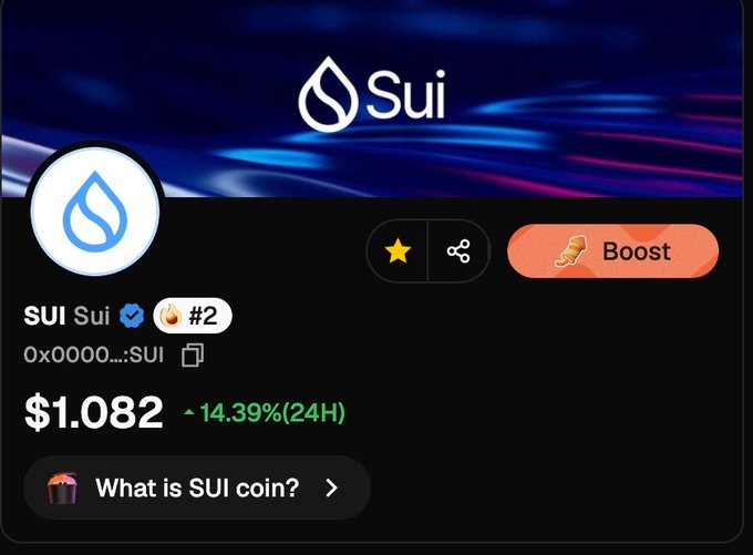 The image displays a crypto tracking page for SUI token, showing its price at $1.082 with a 14.39% gain over 24 hours and ranked #2, alongside its characteristic blue water droplet logo. This screenshot supports the bullish claim in the caption by showing SUI's strong recent performance, lending visual evidence to the prediction that SUI could outperform HYPE and reach $100+ this cycle.