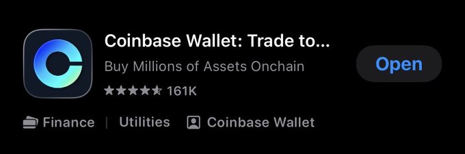 The image shows an App Store listing for "Coinbase Wallet: Trade to..." with a 4-star rating and 161K reviews, tagged under Finance and Utilities categories by Coinbase Wallet. It humorously ties into the post "can't spell coinbase without cobie," since the app's stylized "C" logo prominently features a lowercase "cobie" hidden within the "C" shape, playfully suggesting that the crypto influencer "cobie" is the secret ingredient behind Coinbase.