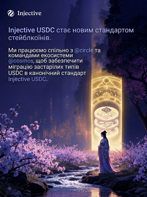 A promotional graphic for Injective featuring Ukrainian text about USDC becoming a new stablecoin standard, with an illustrated figure standing before a glowing coin structure.