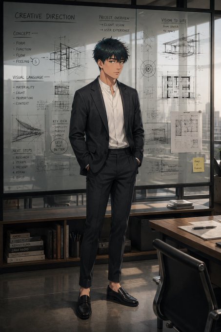 An anime-style illustration of a young man with dark hair in a black suit standing in an office with a glass board behind him labeled 'CREATIVE DIRECTION' with various project sketches.