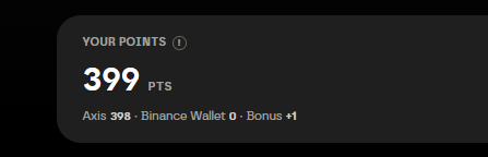 A dark interface panel displaying 'YOUR POINTS' at '399 PTS' with 'Axis 398', 'Binance Wallet 0', and 'Bonus +1' below.