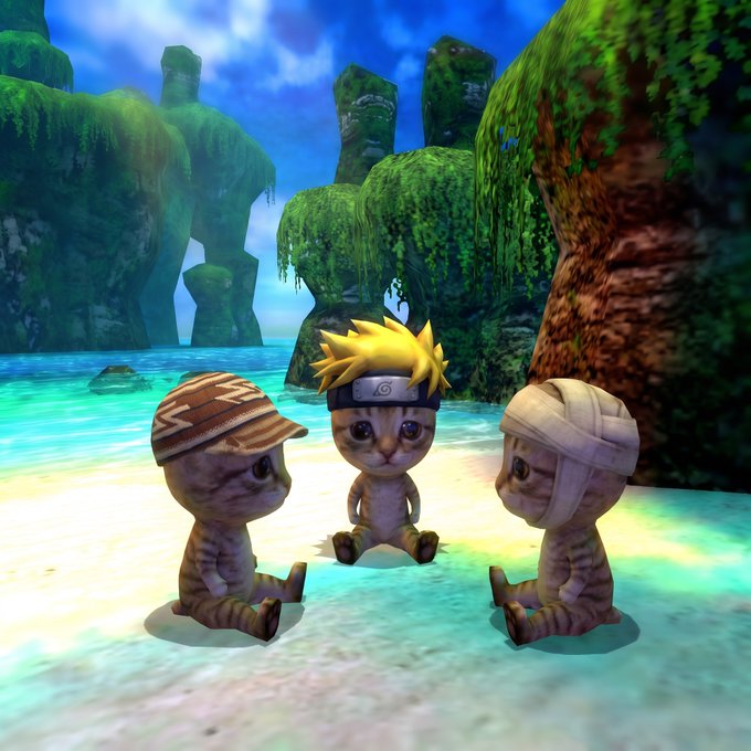 A 3D-rendered scene shows three cat-like creatures sitting on a sandy beach, one styled with spiky yellow hair and a headband, against a backdrop of mossy rock formations and clear blue water.