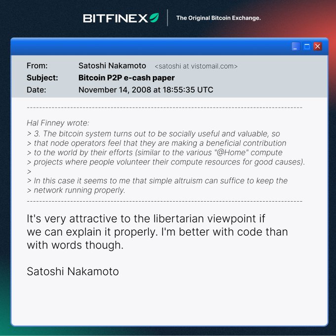 The image shows a Bitfinex-branded email from Satoshi Nakamoto dated November 14, 2008, replying to Hal Finney about the Bitcoin P2P e-cash paper, where Satoshi writes "It's very attractive to the libertarian viewpoint if we can explain it properly. I'm better with code than with words though" — a quote that directly illustrates the post's point that some ideas are better expressed in code than words.