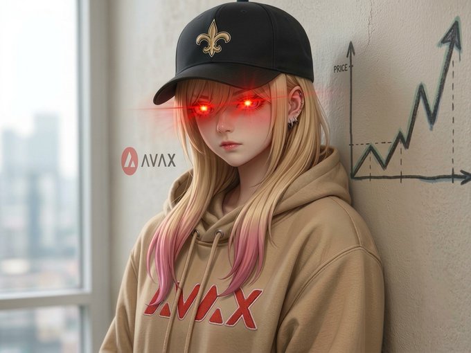 An anime-style illustration of a blonde girl with glowing red eyes wearing a black Saints cap and an AVAX hoodie, standing next to a wall with an upward-trending price graph and the AVAX logo.