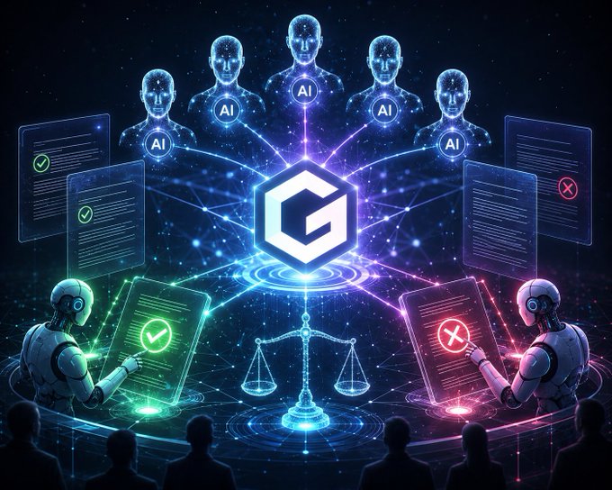 A futuristic digital illustration showing AI robot figures connected to a central 'G' logo, with humanoid robots reviewing documents marked with green checks and red X's, set against a cosmic background with scales of justice.