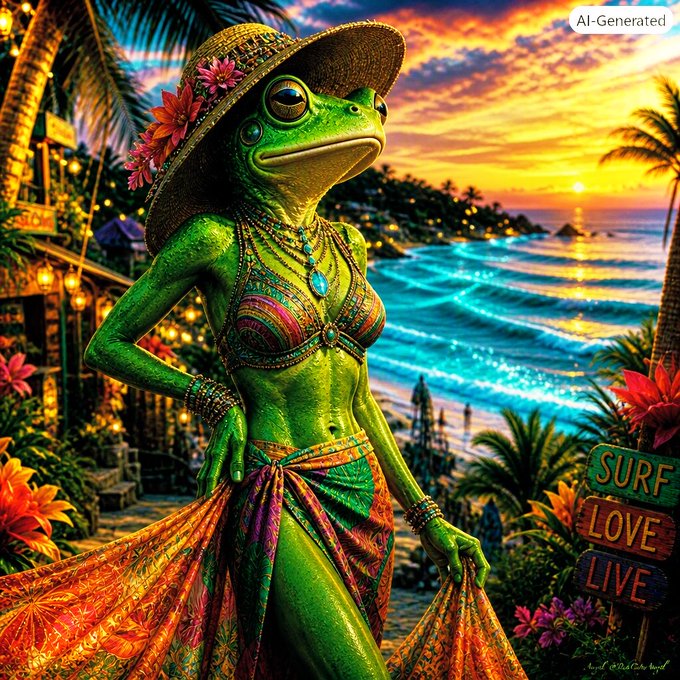 An AI-generated image of a green frog wearing a sun hat and colorful dress on a tropical beach, with an 'AI-Generated' watermark and a 'SURF LOVE LIVE' sign.