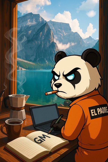 An illustration of an anthropomorphic panda wearing an orange jumpsuit labeled 'EL PADRE', smoking a cigarette while working on a laptop next to a coffee maker, with a scenic mountain lake visible through the window and a notebook showing 'GM'.