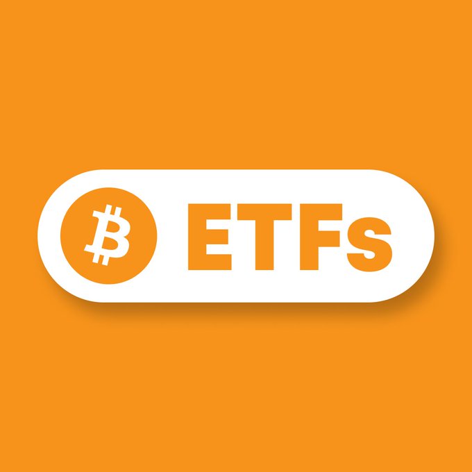 A Bitcoin logo and the text "ETFs" are displayed inside a white pill-shaped badge on an orange background. This visual reinforces the article's focus on U.S. spot Bitcoin ETFs and their recent surge in net inflows, signaling renewed investor demand for Bitcoin through these funds.