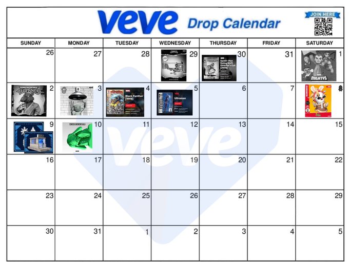 The image shows a VeVe Drop Calendar for May, displaying scheduled digital collectible releases with character drops like "The Mighty Ones" on May 1 and 7, a penguin on May 2, a UFO on May 3, and other items through May 12. The accompanying post shares this calendar to inform the VeVe community about upcoming NFT drops, while also promoting cryptocurrency donations via the wallet address 0xFeB4f097bE08f8cc4607f46207c9CccCe0251379.