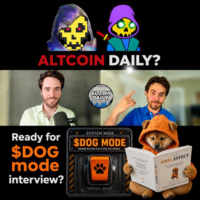 An 'Altcoin Daily' promotional graphic featuring two hosts, cartoon skull mascots, and a Shiba Inu dog reading 'The $DOG Effect' book, with text reading 'Ready for $DOG mode interview?' and 'SYSTEM MODE $DOG MODE / NORMAL MODE'.