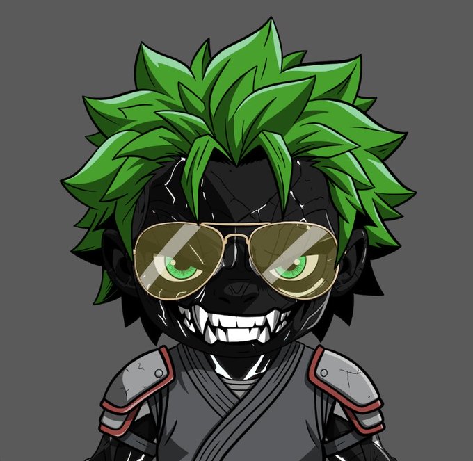 An anime-style illustration of a character with spiky green hair, glowing green eyes behind aviator sunglasses, sharp fangs, and dark gray armor with red accents.