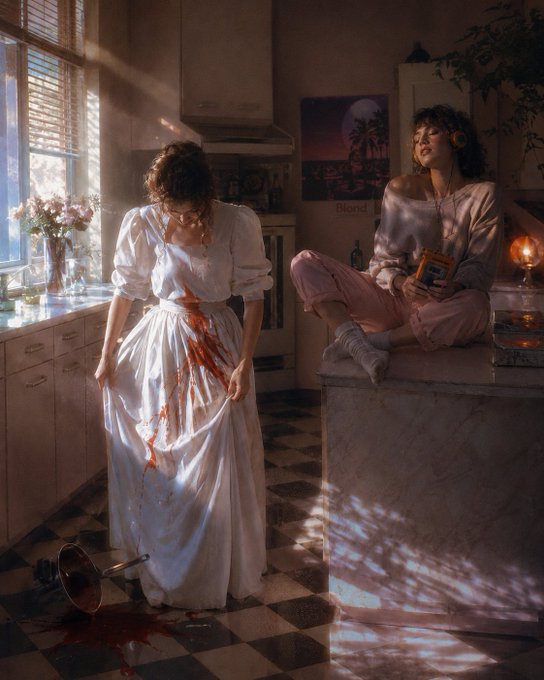A cinematic scene of a woman in a blood-stained white dress standing in a sunlit kitchen while another woman in pink pajamas sits on the counter listening to music.