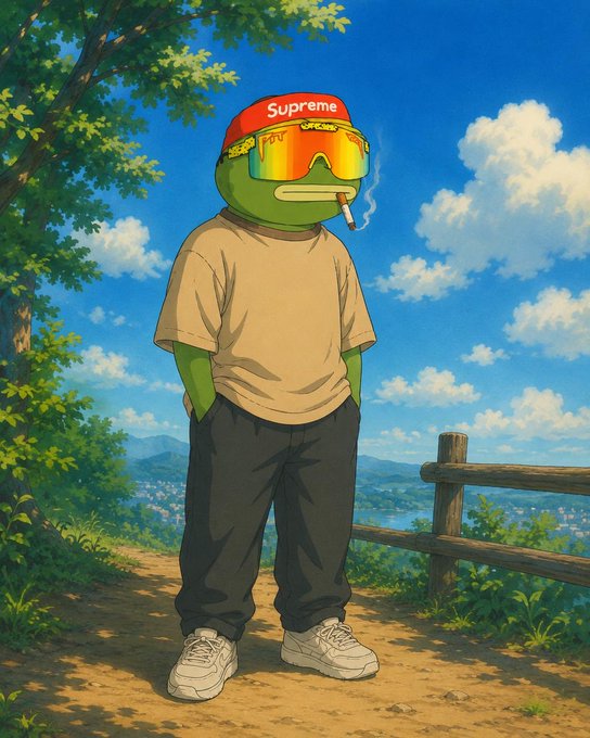 A Pepe the Frog character wearing a red "Supreme" beanie, reflective ski goggles, and a cigarette stands on a hilltop overlooking a valley. The image satirizes the reckless crypto "YOLO" mentality, with the cool-looking but detached frog symbolizing the degen trader trying to rally more bagholders into a risky coin.

Note: The accompanying post uses a derogatory slur that I won't echo in the caption.