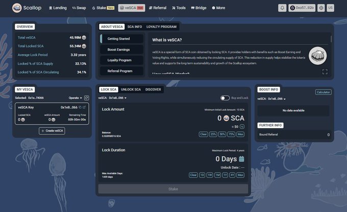A screenshot of the Scallop cryptocurrency staking dashboard displaying the "veSCA" loyalty program interface, showing stats like "Total veSCA 45.98M," "Average Lock Period 3.32 years," and a "LOCK SCA" tab with fields for 'Lock Amount' and 'Lock Duration.'